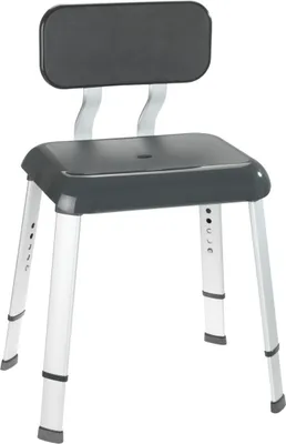 A shower stool with a backrest and adjustable legs, presented against a white background.