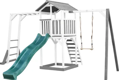 Produktbild von AXI Beach Tower Spielturm aus Holz in Weiß & Grau | Spielhaus für Kinder mit grüner Rutsche, Klettergerüst, Schaukel und Sandkasten | Stelzenhaus für den Garten