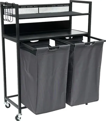 Immagine prodotto di DanDiBo Cesto per la biancheria 2 scomparti con ripiani Metallo nero 96501 Raccoglitore di biancheria Carrello per la biancheria con ruote Scatola per la biancheria Cesto per la biancheria Sacco per la biancheria Moderno