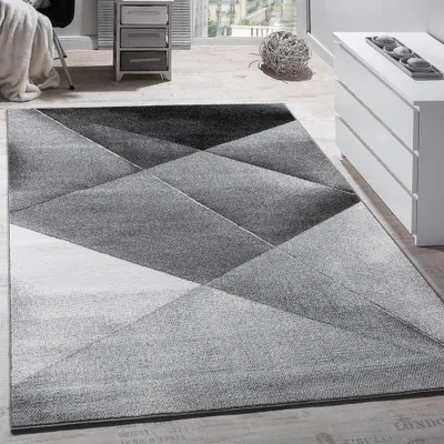 Immagine prodotto di Tappeto di design moderno con motivi geometrici a pelo corto grigio nero bianco screziato Dimensioni 70x250 cm