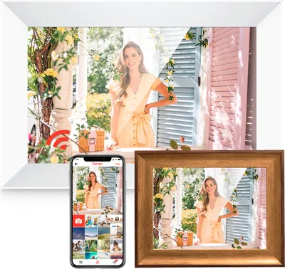 A digital photo frame and a wooden photo frame are displayed, showcasing a woman in a yellow dress. A smartphone is also shown, displaying a photo gallery.