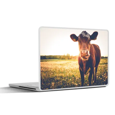 Produktbild von MuchoWow® Laptop Aufkleber Sticker Cover Kuh - Sonnenuntergang - Blumen - Gras - Tiere 40x30 cm - Laptop Dekoration - Selbstklebend