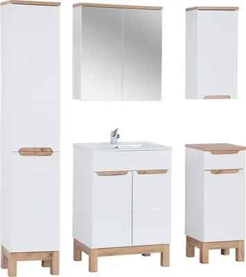 Produktbild von Badmöbel Set 5-tlg Badezimmerset DEVI Weiss HGL inkl.Waschtisch 60 cm