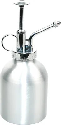 A silver aluminum plant mister on a white background.