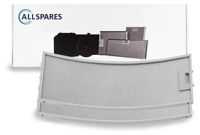 A product shot of two metal filters for a cooker hood, with the brand packaging in the background.