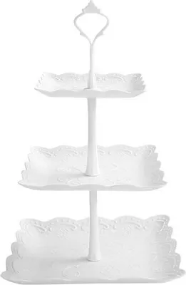 Obrázek produktu pro Stojan na dorty - Bílý - Čtvercový plastový stojan na dorty - 3 patra - 24 cm × 24 cm × 37 cm