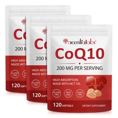 Immagine prodotto di Coenzima Q10 CoQ10 con olio MCT, 200 mg per capsula, prodotto  in laboratorio, naturale, vegano, confezione da 3 flaconi contenenti 120 capsule softgel