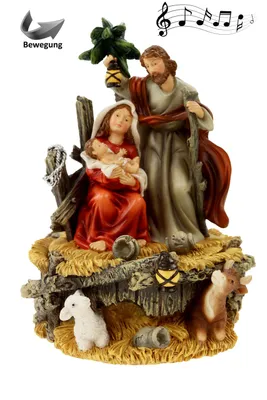 Produktbild von Krippenfigur mit Dreh- und Musikfunktion – Heilige Familie und Tiere in beweglicher Krippenszene, mechanische Spieluhr ohne Batterien H: 16cm
