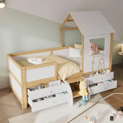 Zdjęcie produktu dla Łóżeczko dziecięce 90x200 cm, domkiem z daszkiem i oknami, wykonane z drewna sosnowego, MDF i sklejki, z 4 szufladami i małą schodami, kolor biały i naturalny