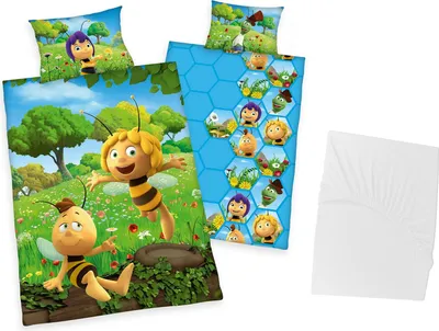 Produktbild von 3 tlg Baby Bettwäsche Set - Biene Maja - Renforcé - 40x60 100x135 cm + 1 Spannbettlaken weiß 60x120 - 70x140 cm