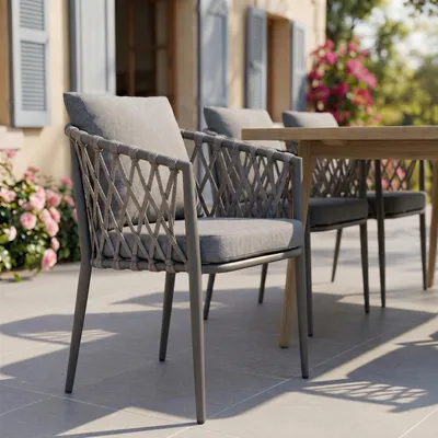 Produktbild von Gartenstuhl Sunny 6er Set, schwarz/grau, robuste Outdoor-Stühle mit Rope Bespannung. Wasserabweisende Sitzpolster, Gestell aus pulverbeschichtetem Aluminium.
