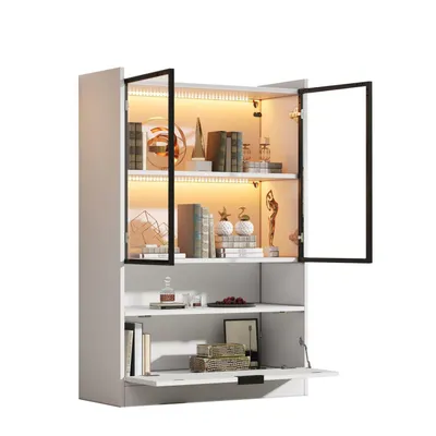 Produktbild von Moderne LED Vitrine Matt Höhe 120cm mit LED-Beleuchtung, Glasvitrine Standvitrine mit Beleuchtung,Glastüren und Klapptür, Spanplatte Display Schrank