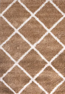 A close-up view of a shaggy rug with a diamond pattern.