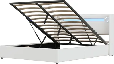 Produktbild von Polsterbett Kinderbett(160x200cm,Weiß)mit LED-Lichtleiste,Bluetooth-Player,USB-Aufladung,PU-Stauraumbett,Hochbettkasten,Jugendbett mit Lattenrost