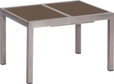 A square outdoor dining table with a metal frame and a brown glass top, shown against a white background.