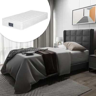 Produktbild von Sweiko Polsterbett Einzelbett mit weichem Kopfteil und Holzlattenrost Grau Leinen 90 x 200 cm mit mittelfester Matratze