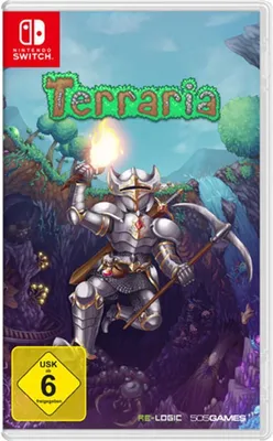 The image shows the game box for Terraria on Nintendo Switch, featuring artwork of a knight in armor holding a torch and pickaxe in a cave environment.