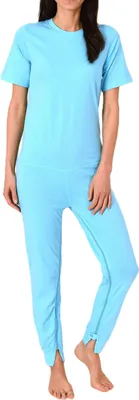 Produktbild von Damen Pflegeoverall kurzarm Pyjama mit langen Bein und Reißverschluss am Rücken und Bein ; türkis , L