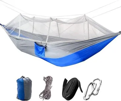 Produktbild von Famanu Hängematte mit Mückennetz - 300 kg Tragfähigkeit - blau - 260 x 140 cm