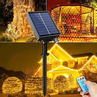 A collage of images showing solar-powered string lights decorating a tree, a gazebo, and a house exterior, with a close-up of the solar panel and a remote control.