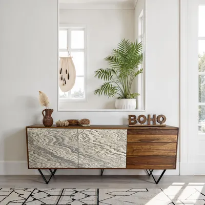 Immagine prodotto di FineBuy Credenza in legno massiccio Sheesham 175 cm 2 ante e 3 cassetti - Cassettiera solida retrò effetto pietra - Credenza di design naturale - Fatto a mano Industriale
