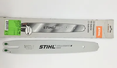 A STIHL chainsaw guide bar and its packaging are displayed against a white background.