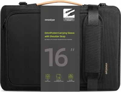 A black laptop bag with a label showing product details.