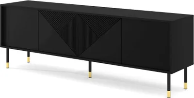A black TV stand with a geometric patterned front and gold-tipped legs, shown against a white background.