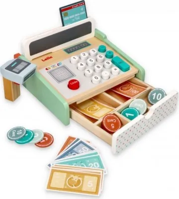 A wooden toy cash register with play money and coins.