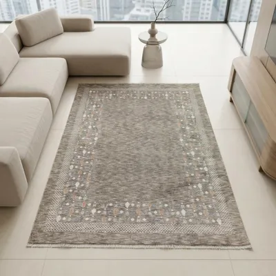 Produktbild von Robuster Teppich Dunkelbeige mit Bordürenmuster und dekorativen Fransen Größe - 160 x 230 cm