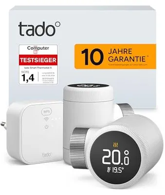 Zdjęcie produktu dla tado° Smart Radiator Thermostat X - zestaw startowy z Bridge X, sterowanie ogrzewaniem za pomocą aplikacji i inteligentnego głośnika, niekompatybilny z V3+