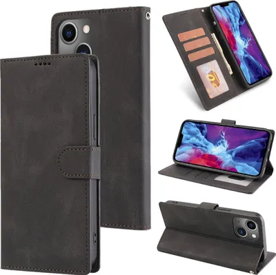 A collage of images showing a black leather wallet-style phone case for an Apple iPhone 14, with different views and angles.