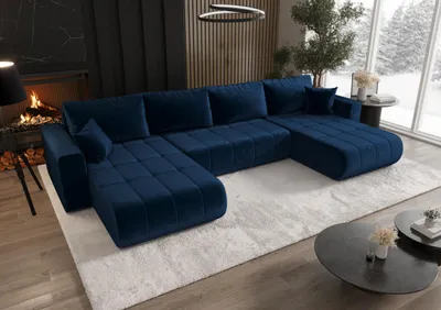 Image de Canapé d'angle avec fonction sommeil et coffre de lit MILO U, tissu MONOLITH, bleu foncé