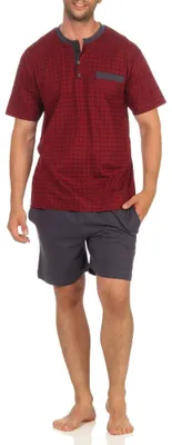 Produktbild von Herren Shorty Pyjama Schlafanzug kurzarm mit Knopfleiste am Hals in edler Karo Optik ; rot , 48