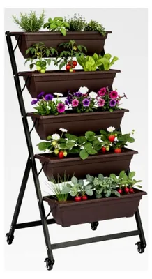 Produktbild von Hochbeet - Pflanzbeet aus Metall mit 5 Etagen - Blumentreppe mit Rollen 65x65x135cm - Gemüse- und Kräuterhochbeet für Balkon, Terrasse und Garten