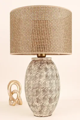 Image de Opviq, lampe de table haut de gamme avec corps en céramique, abat-jour en PVC, hauteur 50 cm, diamètre 30 cm, câble de 150 cm, douille E27 max. 40 W, marron, crème, chêne | Style rustique et bohème.