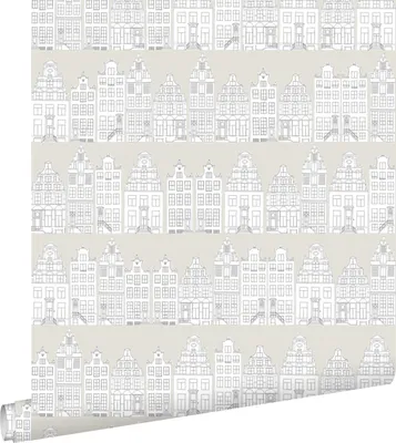 Produktbild von ESTAhome Tapete gezeichnete Amsterdamer Grachtenhäuser Hellgrau 53 cm x 10.05 m