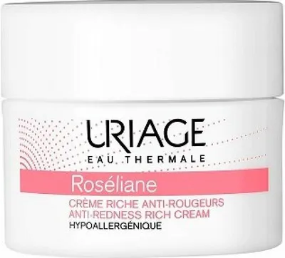 A white jar of Uriage Roséliane Anti-Redness Rich Cream.