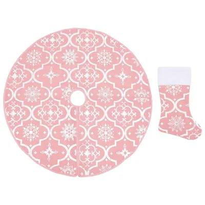 Image de vidaXL Couverture de sapin de Noël de luxe avec chaussette Rose 122 cm Tissu