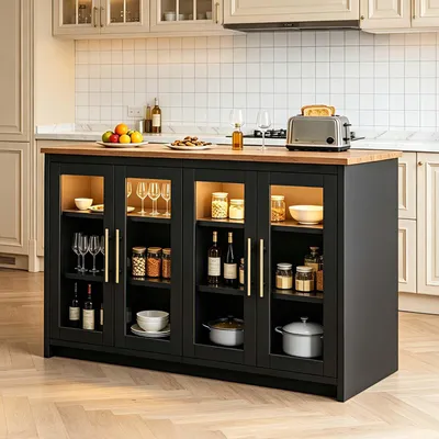 Produktbild von YITAHOME kücheninsel mit arbeitsplatte, Steckdose und LED-Beleuchtung, Frühstückstisch Doppelschrank Küchenschrank, 130 x 60 x 88 cm, Schwarz+Braun