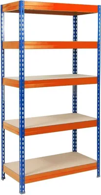 A five-tier industrial shelving unit with blue metal frames and orange shelf supports.