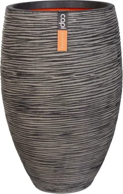 A tall, textured planter with a ribbed design and an orange interior.