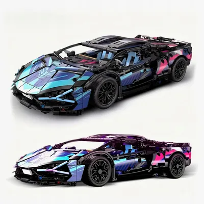 Two views of a detailed model car kit, a Lamborghini Cyberpunk Edition, displayed against a white background.