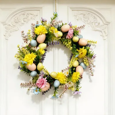 Productafbeelding van Omgoods - 40 cm Kunstbloemen Paaskrans voor Deurdecoratie