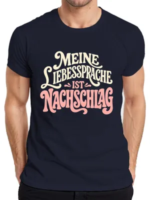 Zdjęcie produktu dla Koszulka męska "Meine Liebessprache" (Mój język miłości), napis: "Nachschlag Essen Lustig Sarkasmus Gourmet", kolor: granatowy, rozmiar: L