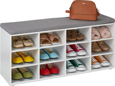 Produktbild von Relaxdays Schuhbank, 12 Fächer, gepolsterte Sitzfläche, HBT: 48x104x30 cm, für Flur, Garderobe, Schlafzimmer, weiß/grau