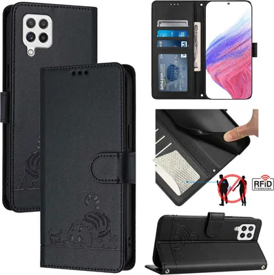 Produktbild von Leder Hülle für Samsung Galaxy A22 4G Süße Katze Flip Case Brieftasche Schutzhülle mit Standfunktion Schwarz