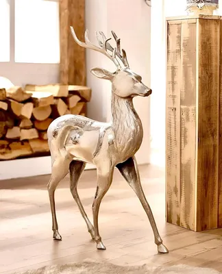 Produktbild von große Figur "Hirsch" aus Aluminium, silber glänzend, edle Skulptur, 65 cm hoch, Tierfigur stehend, Wohnzimmer Deko