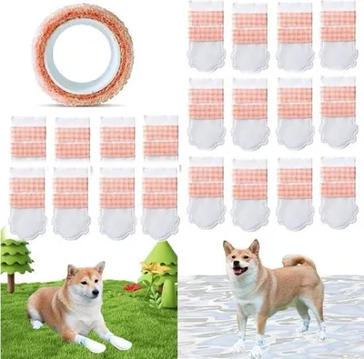 Produktbild von 100 Stück Hundeschuhe, Einweg-Haustierschuhe, Hunde-Spaziergängerschuhe mit Gummiband zum Schutz der Hundepfoten, verstellbare Riemen für kleine bis mittelgroße und große Hunde (Größe M: 8 x 16 cm) – Weiß