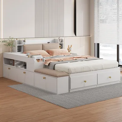 Produktbild von Kombibett aus Massivholz, 140 x 200 cm, weiß: Kopfteil mit Stauraum + Schubladen + Nachttisch + Kleiderschrank + Bank, Doppel-Tatami-Bett mit Stauraum